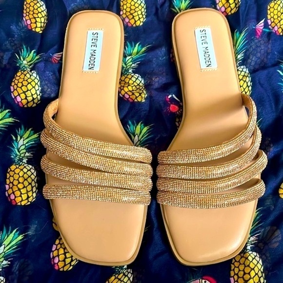 Brand New Steve Madden Rhinestone Multi-Strap Slip-On Sandals Bling Bronze Slide - Picture 2 of 15